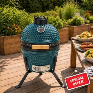 Neo Kamado 13" Ceramic Mini BBQ Grill Smoker Egg Charcoal Cooking Oven with Portable Stand (Teal Blue)
