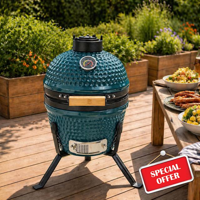Neo Kamado 13" Ceramic Mini BBQ Grill Smoker Egg Charcoal Cooking Oven with Portable Stand (Teal Blue)
