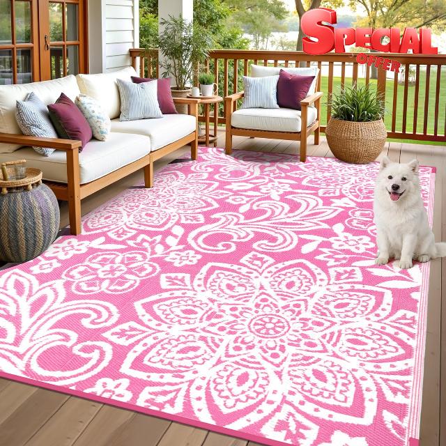 Findosom Waterproof Outdoor Rug 6' x 9' - Reversible Mandala Outdoor Plastic Straw Rug