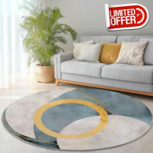 Round Rugs 150 cm (Round) Rug For Living Abstract Circles Retro Room Circle Area With Non Slip Backing Washable Rug For Bedroom Soft Printed Carpet For Kid’S Room Nursery Blue Gold