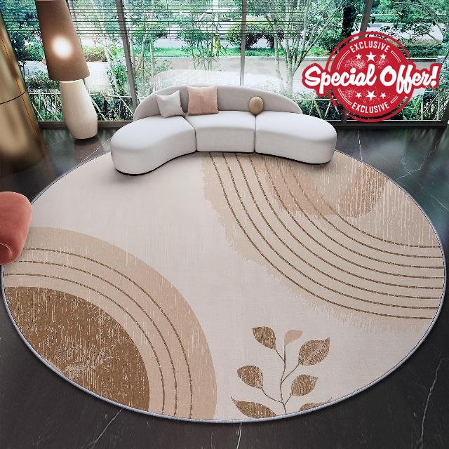 Round Rugs 150 cm (Round) For Living Room Circle Area Rugs With Retro Geometric Leaf With Non Slip Backing Washable Rug For Bedroom Soft Printed Carpet For KidS Beige