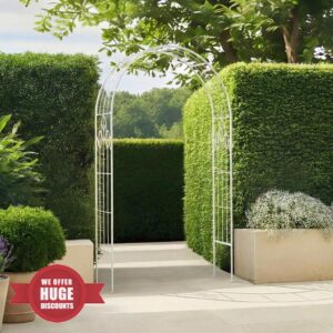 Charles Bentley Antique White Metal Garden Arch - 211cm Leaf Design Climbing Plant Support - Weather-Resistant Powder Coated Iron Rose Arbour - Rustic Feature Outdoor Trellis
