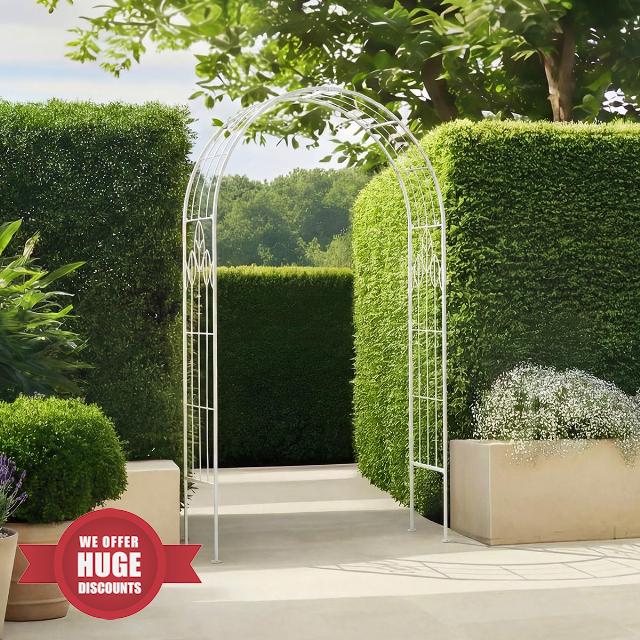 Charles Bentley Antique White Metal Garden Arch - 211cm Leaf Design Climbing Plant Support - Weather-Resistant Powder Coated Iron Rose Arbour - Rustic Feature Outdoor Trellis
