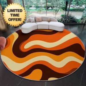 Round Rugs 180 cm (Round) For Living Room Circle Area Rugs With Retro Psychedelic Wavy Geometric With Non Slip Backing Washable Rug For Bedroom Soft Printed Carpet For KidS Orange Colo