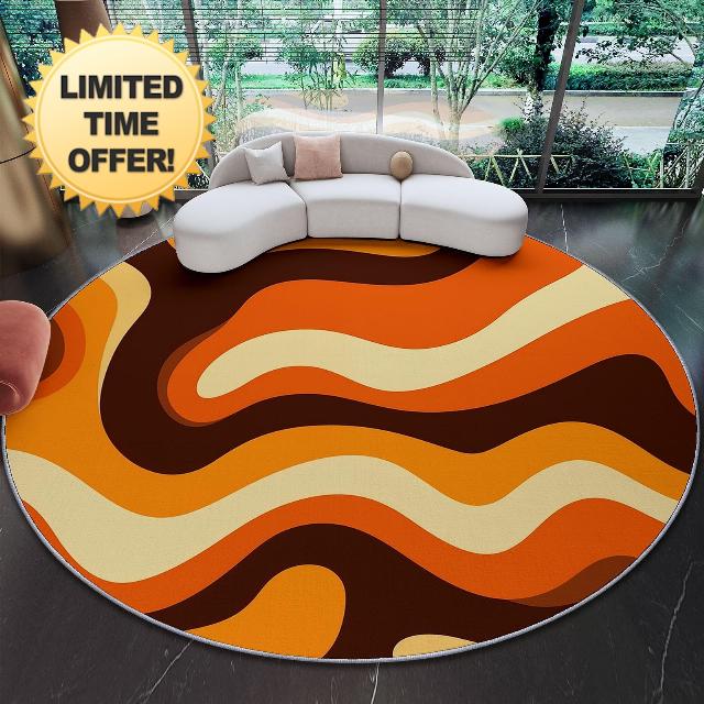 Round Rugs 180 cm (Round) For Living Room Circle Area Rugs With Retro Psychedelic Wavy Geometric With Non Slip Backing Washable Rug For Bedroom Soft Printed Carpet For KidS Orange Colo