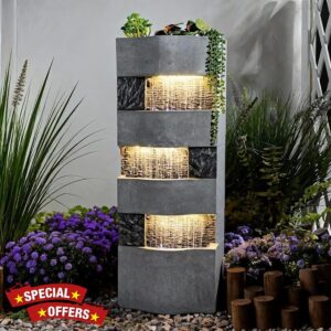 Sunlinua 3-Tier Rain Curtain Outdoor Fountain with LED Lighting – Modern Water Feature for Garden