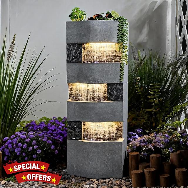 Sunlinua 3-Tier Rain Curtain Outdoor Fountain with LED Lighting – Modern Water Feature for Garden