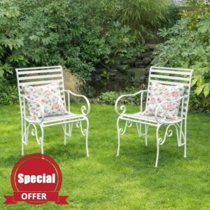 Melody Maison Set of 2 Ornate Metal Distressed White Garden Chairs - 55cm x 92cm