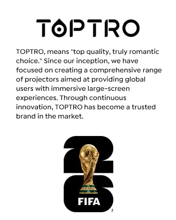 Text reads 'TOPTRO' and 'TOPTRO means top quality, truly romantic choice. Since our inception, we have been at the forefront of a wide range of projectors aimed at providing global users with immersive large-screen experiences. Through continuous innovation, TOPTRO has become a trusted brand in the market.' Black FIFA World Cup trophy icon displayed below text.