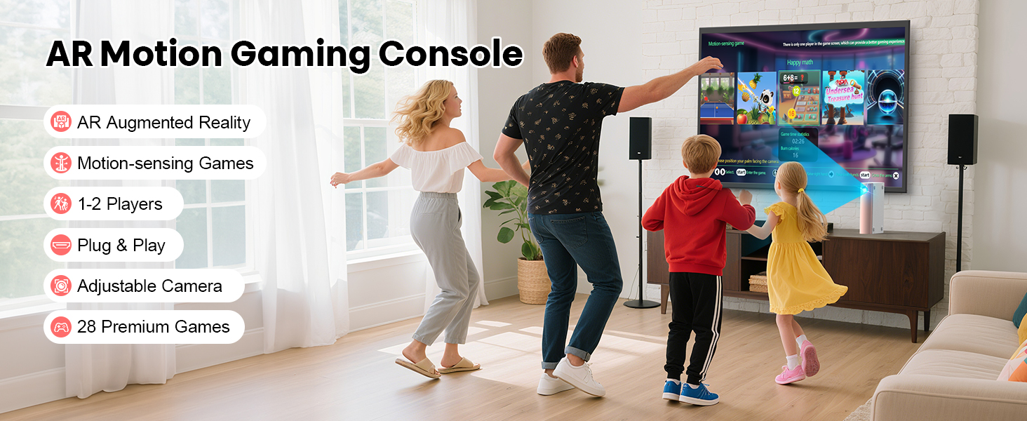 Text reads 'AR Motion Gaming Console' with features listed: 'AR Augmented Reality', 'Motion Sensor Game', '1.2' Tracks', 'Adjustable Camera', 'Premium Games'. Image shows adults and children playing interactive motion-controlled gaming in front of TV screen.