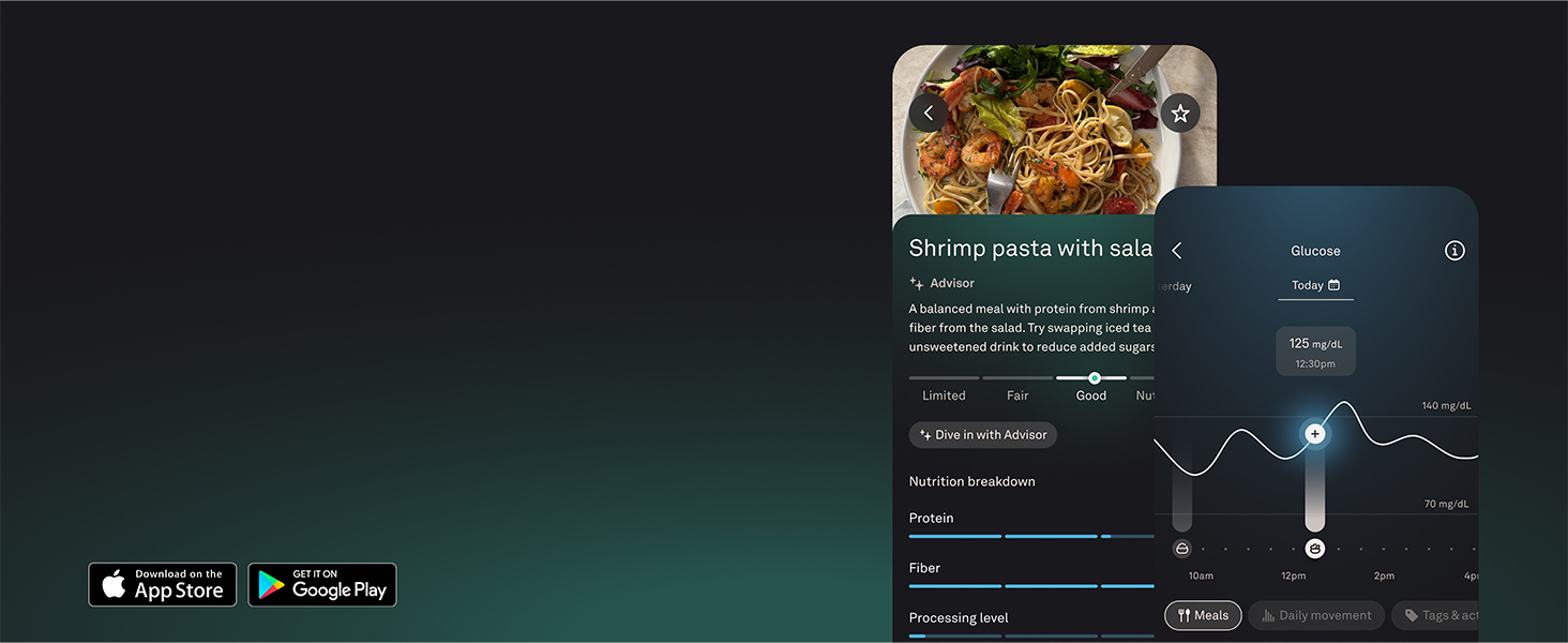 Mobile app interface displaying food product information. Screen shows nutritional details, recipe content, and download options for iOS/Android platforms against dark teal background.