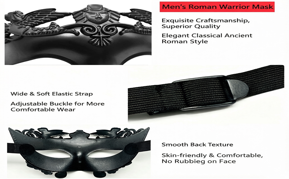 Text reads 'Exquisite Craftsmanship, Superior Quality, Inspired by Ancient Roman Style,' 'Wide & Soft Elastic Strap, Adjustable Buckle for More Comfortable,' 'Vegan Black Leather, Breathable, Comfortable, No Rubbing on Face.' Black masquerade mask with elastic strap.