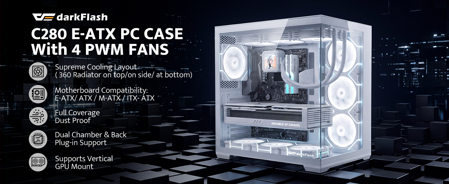 Text reads 'darkFlash C280 E-ATX PC CASE With 4 PWM FANS' with feature icons and specifications listed below. White E-ATX computer case with four integrated PWM cooling fans and tempered glass side panel showing internal layout.
