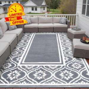 HUGEAR Outdoor Rug 9'x12' Patio Waterproof Mat Camping Carpet Outside Area Rug Reversible Grey Rugs for RV Deck Entryance Porch Picnic Balcony Beach