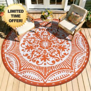 Capslpad 5x5 Floral Outdoor Rug for Patio Clearance Reversible Mat Round Portable Plastic Straw Carpet Waterproof Boho Indoor Outside Area Rugs for RV Camping Picnic Balcony Beach Deck