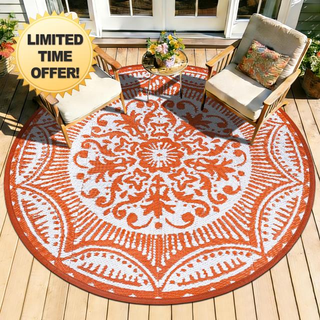 Capslpad 5x5 Floral Outdoor Rug for Patio Clearance Reversible Mat Round Portable Plastic Straw Carpet Waterproof Boho Indoor Outside Area Rugs for RV Camping Picnic Balcony Beach Deck