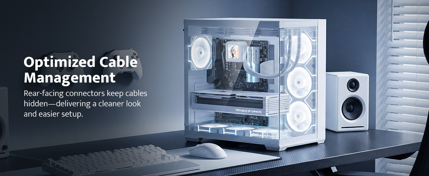 Text reads 'Optimized Cable Management' and describes 'Clean build with minimal cables, hidden: delivering a cleaner look and easier upgrades'. White PC tower case with cable management features.