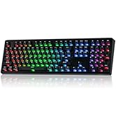 Gaming keyboard and remote displaying RGB rainbow lighting effects with black base and illuminated keys showing colorful gradient patterns.