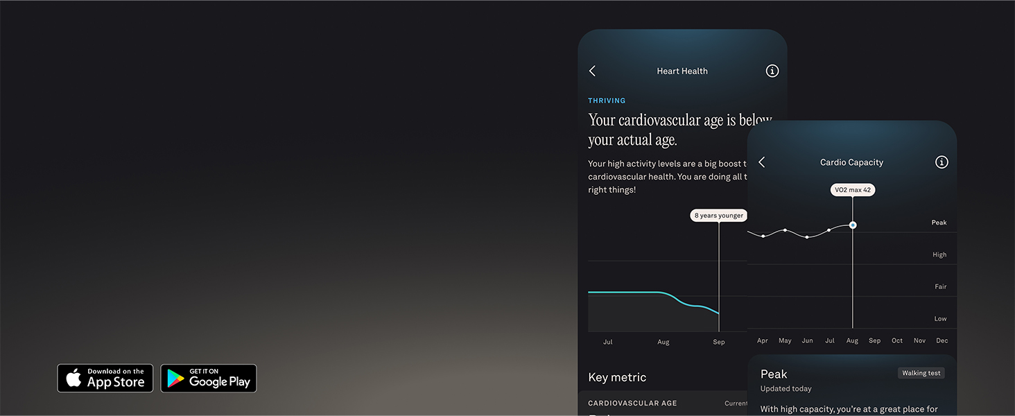 Dark interface screenshot showing app store buttons including Apple App Store and Google Play Store logos, with analytics dashboard displaying charts and data metrics in background.