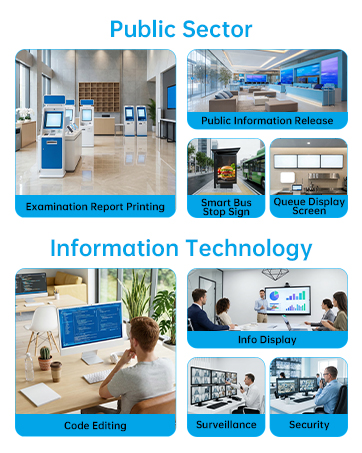 Text reads 'Commercial' and 'Education'. Grid of business and classroom setting photos showing various workplace and learning environments.