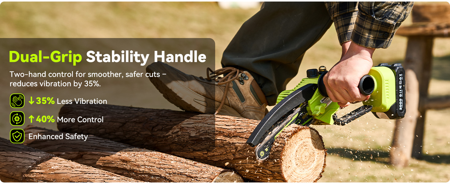 Text reads 'Dual-Grip Stability Handle'. Close-up shot of a wooden handle or tool with textured grip surface against a brown background.