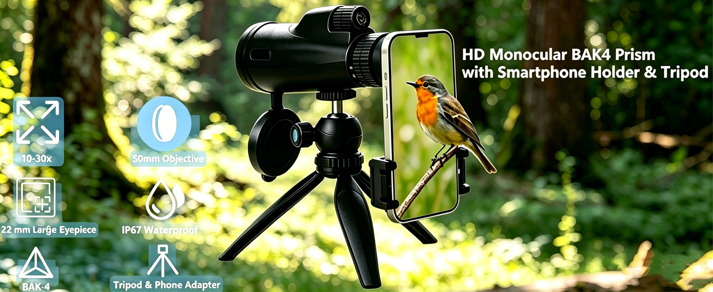 Text reads "HD Monocular Zoom Prism", "1080 Smartphone Mount" (partially visible). HD monocular telescope with green focus dial and smartphone tripod mount adapter outdoors.