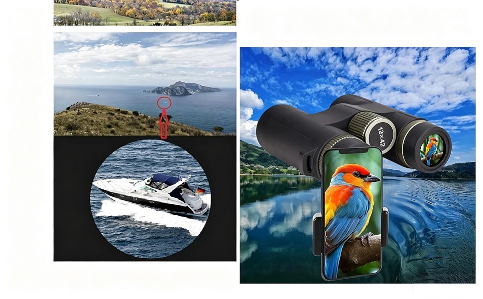 Text reads '42mm Large Aperture'. Left panel shows binoculars on textured fabric; right panel displays binoculars with landscape view through lens showing mountains and sky.