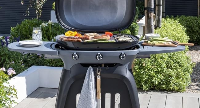 Black portable grill with lid open displaying ribbed cooking surface, positioned on truck bed with green plant and outdoor setting visible.