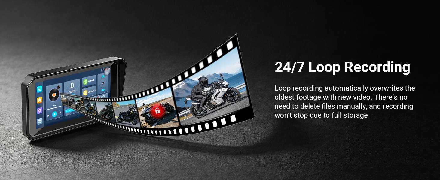 Text reads '24/7 Loop Recording'. Dashboard camera device with film strip graphic showing continuous video recording capability displayed on dark background.