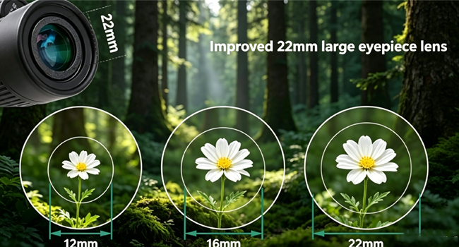 Text reads 'Improved 22mm large eyepiece lens' and '17mm 22mm'. Camera lens with three optical lens demonstrations showing magnification circles with white flower images.