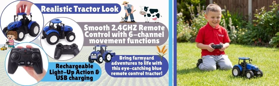 Text reads '19cm (7")' inside circular blue badge. Illustration of blue toy farm tractor with large rear wheel, shown against white background. Scale measurement indicates miniature vehicle size.