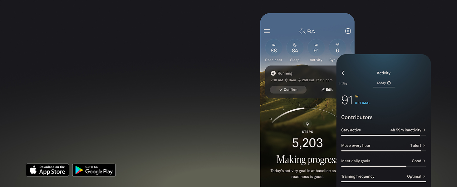 Mobile app interface showing fitness tracking dashboard with elevation map, distance metrics, and performance data on smartphone screens against dark background.