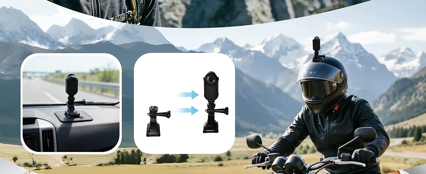 Multiple action shots demonstrating camera or recording device usage in outdoor settings, with product interface overlays showing recording indicators.