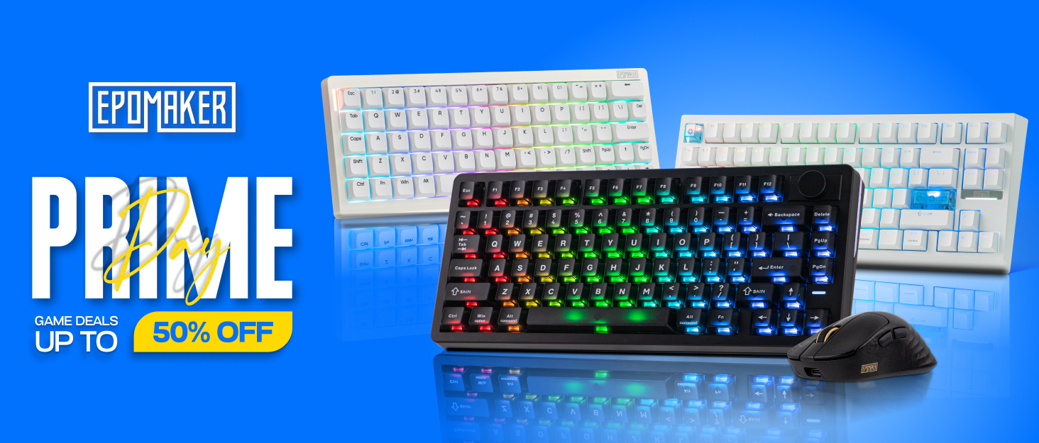 Text reads 'Raptech PRIME UP TO 50% OFF'. Blue promotional banner showing computer keyboard, mouse, and gaming peripherals bundle.