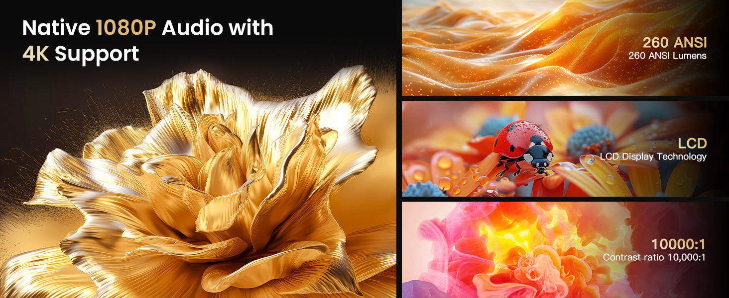 Text reads 'Native 1080P, Audio slim, 4K Support'. Series of colorful abstract digital displays showing vibrant orange, red and golden light patterns.