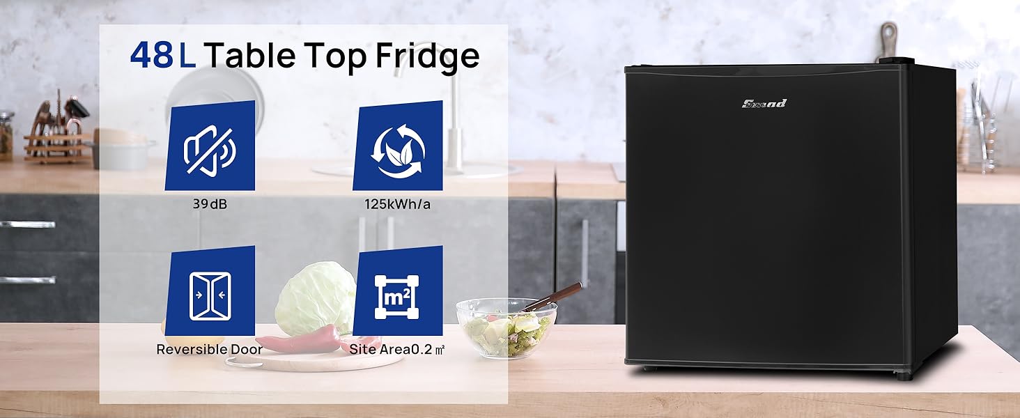 Text reads '45L Table Top Fridge' with four blue icons showing product features. Black compact refrigerator displayed against beige background.