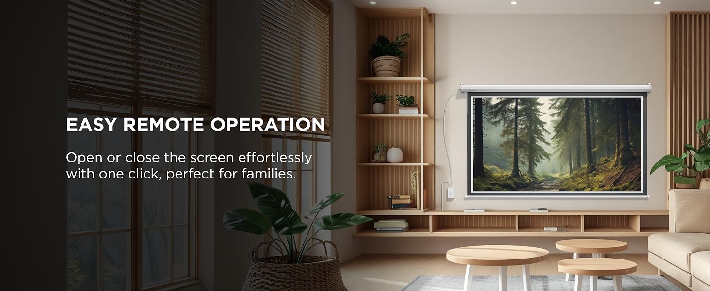 Text reads 'BRIGHT & CLEAR IMAGE' and 'PROVIDES VIVID AND CLEAR VISUALS'. Modern office interior with large display screen mounted on dark wall, desk, plants, and sophisticated lighting.
