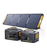 Solar power bank device shown with foldable solar panels and main charging unit in black and yellow color scheme.