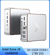 Text reads: 'Intel Core-i5 14450HX', '16GB DDR4+ 512GB SSD'. Small white square-shaped device with vented sides shown in product photo with blue frame and specifications.