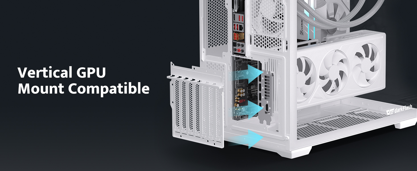 Text reads 'Vertical GPU Mount Compatible.' White computer case shown from angle displaying internal components with turquoise accents and vertical graphics card mount setup.