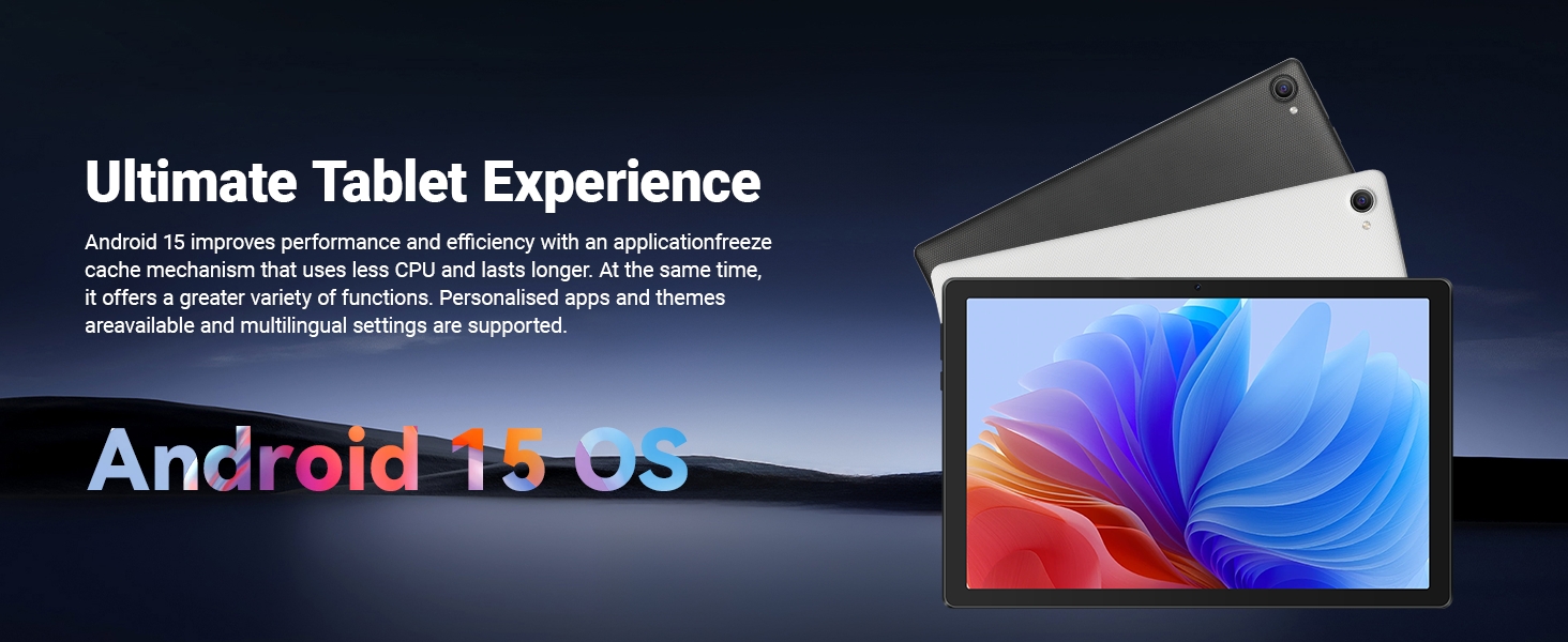 Text reads 'Ultimate Tablet Experience' and 'Android 13 OS'. Tablet displaying colorful abstract design with blue and orange gradient. Multiple tablets shown in silver/grey colors stacked at angle against dark blue background.