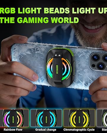 Text reads "RGB LIGHT BEADS LIGHT UP THE GAMING WORLD" with four lighting mode options shown: "Rainbow Flow", "Gradient Change", "Chromographic Cycle", "Stand In Silence". Gaming phone case with circular RGB LED light display held in hands.