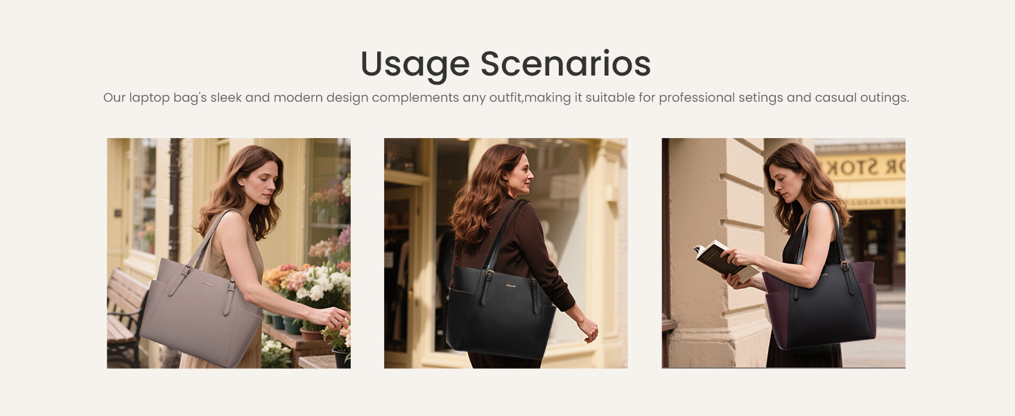 Text reads "Usage Scenarios". Three photographs showing people wearing navy blue shirts in casual indoor settings: sitting on couch, standing indoors, and sitting at table.