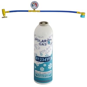 Text reads 'POLAR GAS' with 'R1234YF' code. Identical image to Image 2 showing refrigerant canister and charging hose setup.
