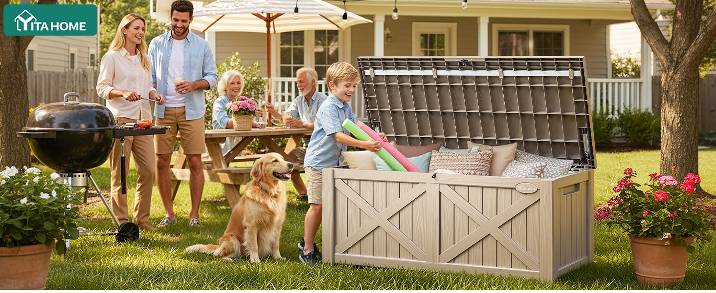 Text reads 'Savisto' (logo visible). Family with two children and dog beside large beige/cream outdoor storage box on grass near house.