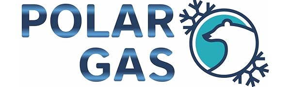 Text reads 'POLAR GAS'. Multiple refrigerant gas canisters shown in various sizes, featuring blue and white color scheme with snowflake symbols.