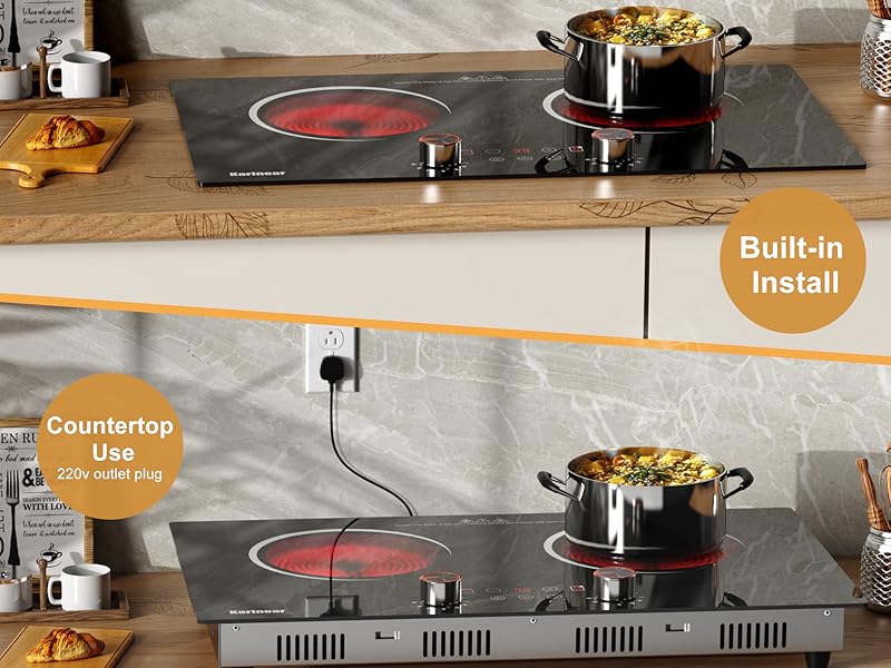 a picture of a kitchen with a glass cooktop and a pot on a counter.