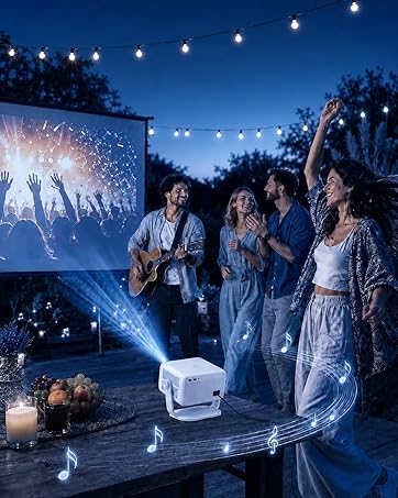 Living room scene with four people watching large projection screen displaying mountain adventure content, white projector unit visible on floor.