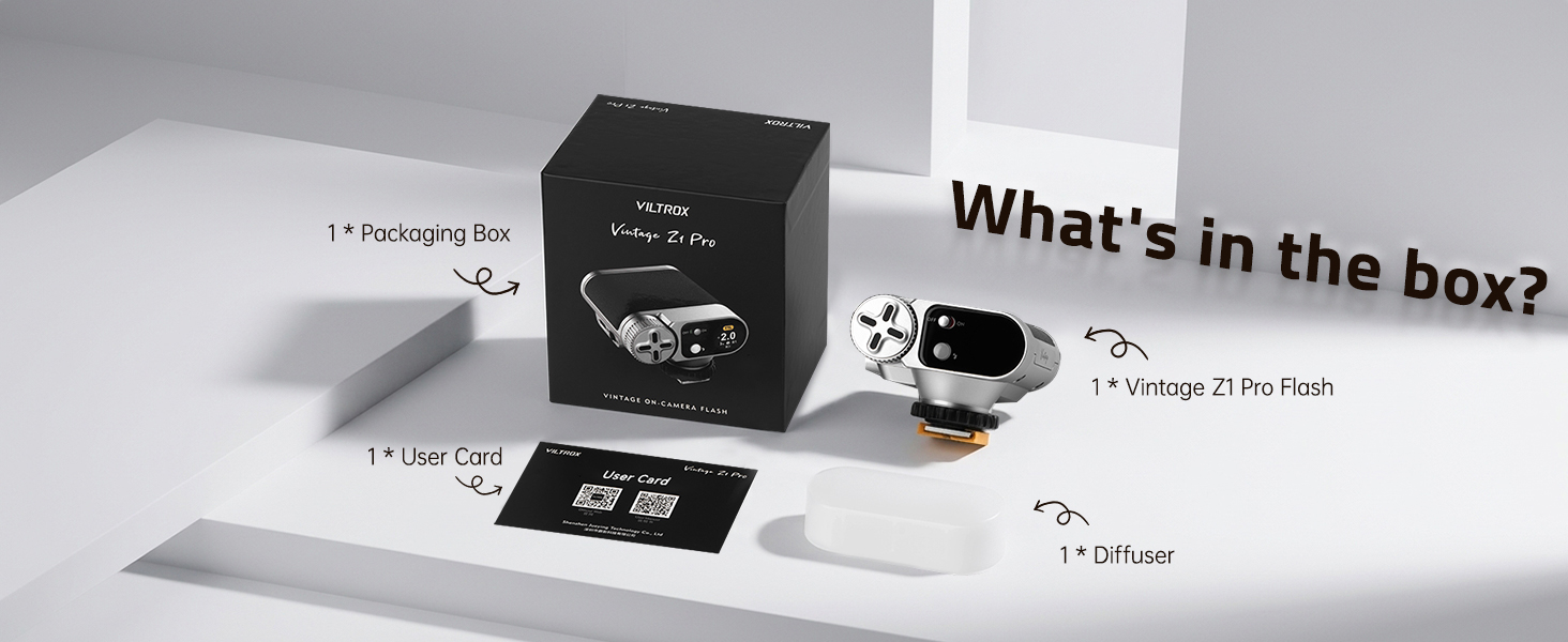 Text reads 'What's in the box?' Product display showing minimalist black and white packaging, boxes, and accessories arranged on white surface with product information cards.