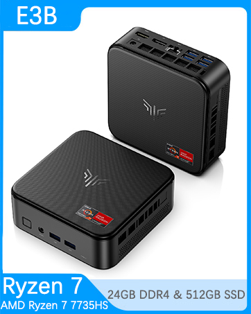 Compact black mini PC labeled E3B with Ryzen 5 processor, 16GB DDR4 RAM, 512GB SSD, and multiple ports visible on the sides.